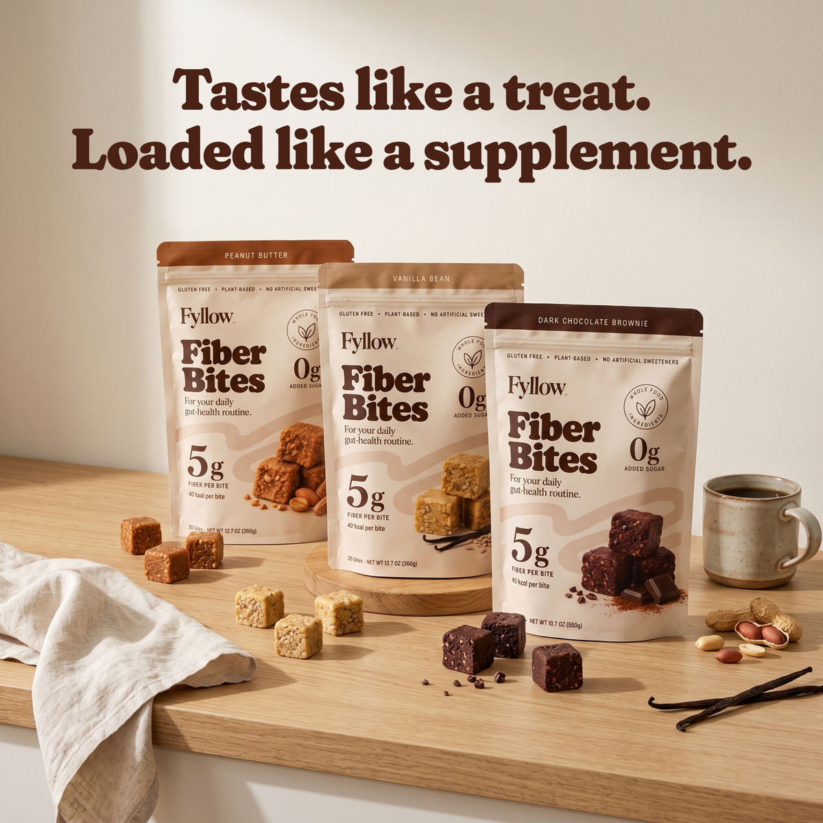 Fyllow Fiber Bites: tastes like a treat, loaded like a supplement. All three flavors on a kitchen counter.