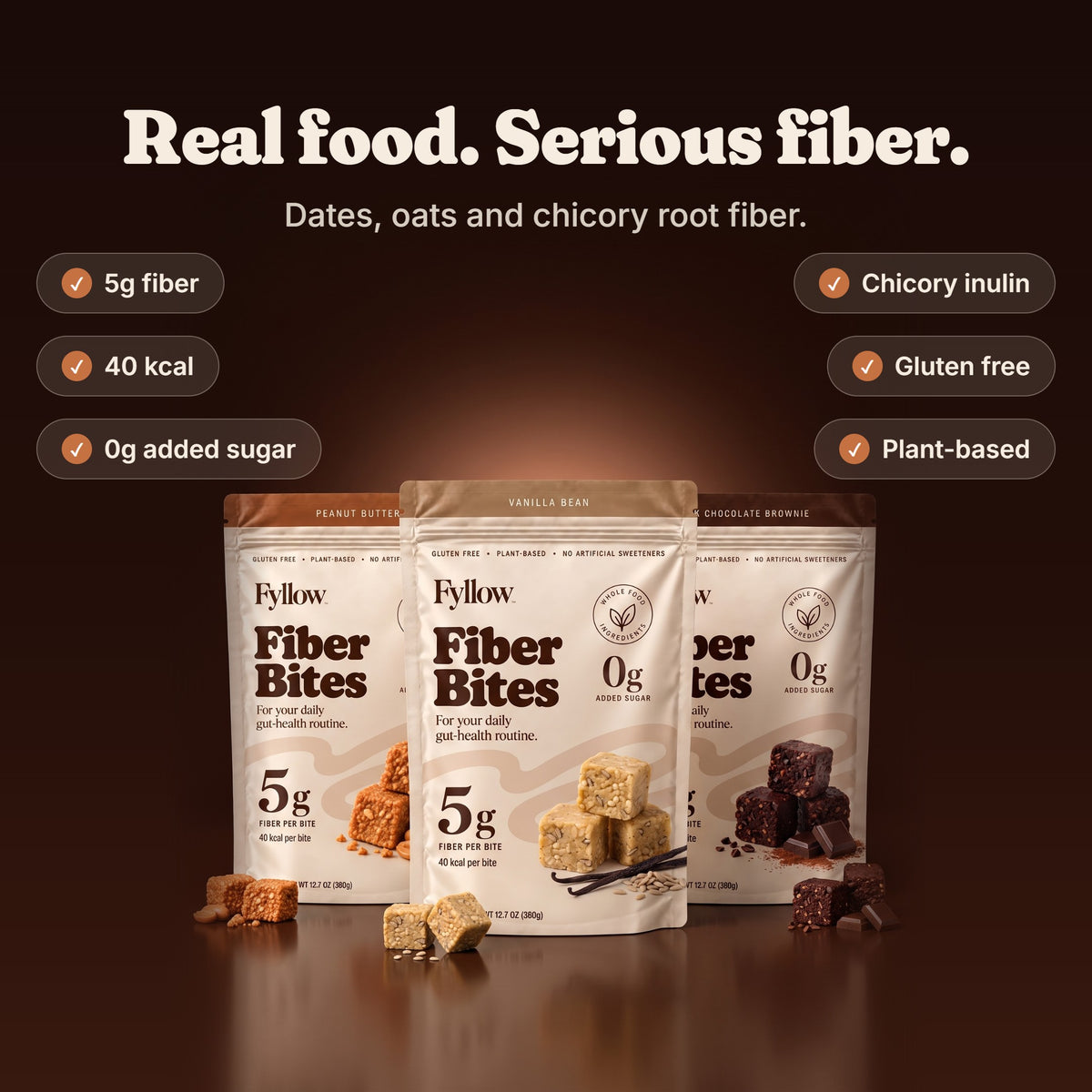 Real food, serious fiber: 5g fiber, 40 kcal, 0g added sugar, gluten free, plant-based