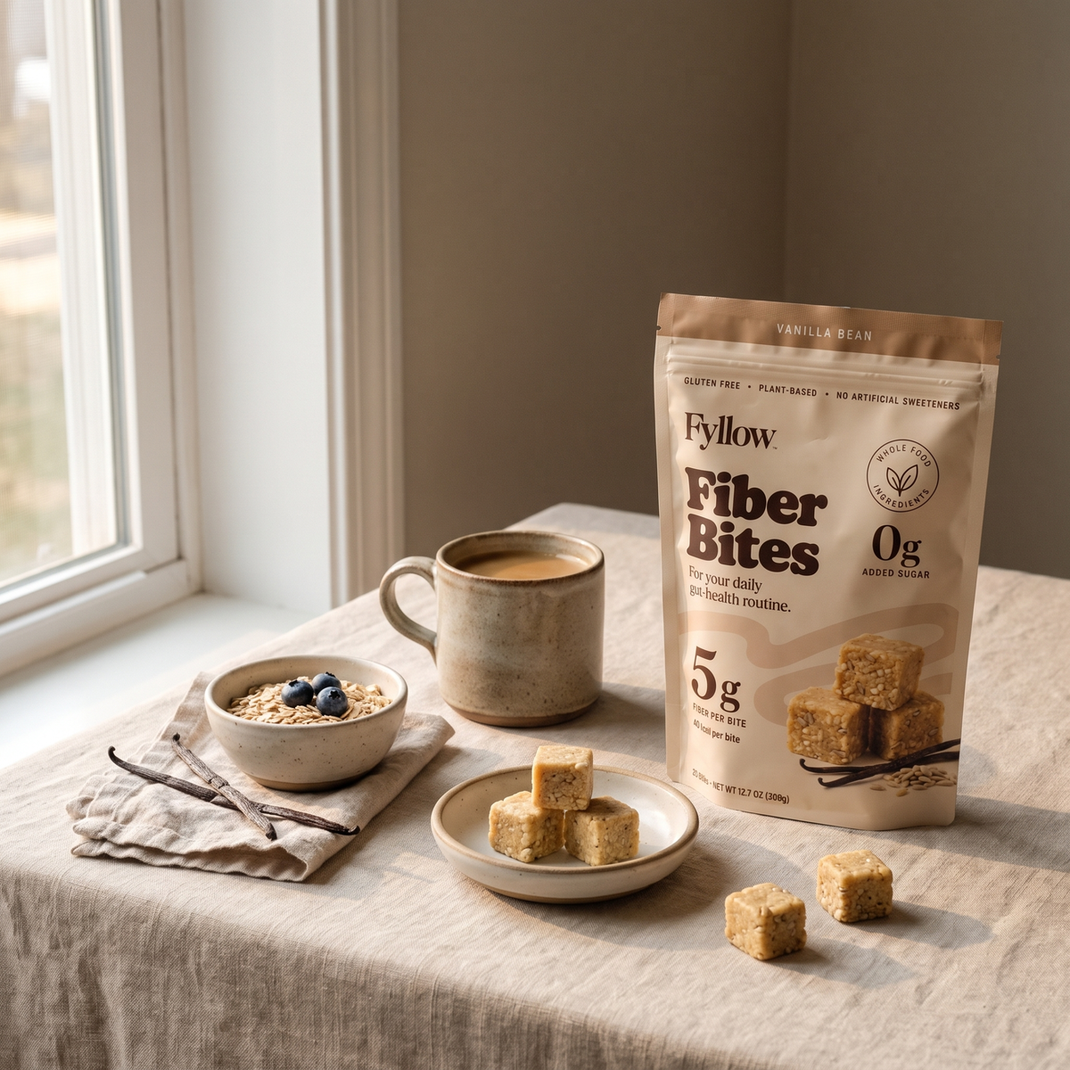 Fyllow Fiber Bites: Vanilla Bean pouch with coffee, oats and small bites.