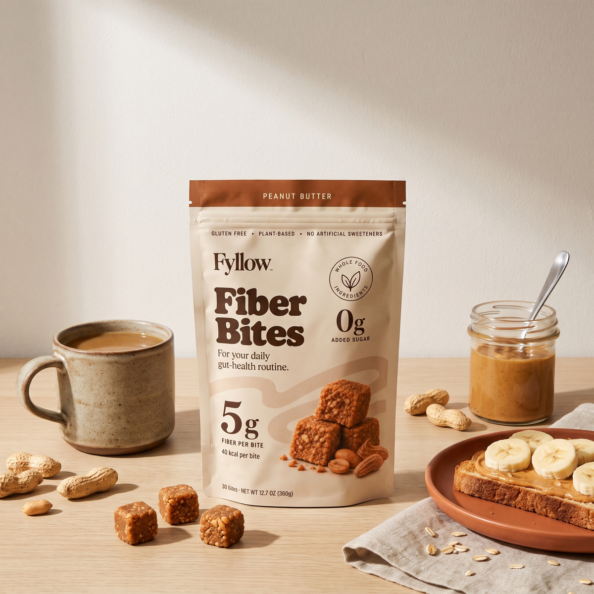 Fyllow Fiber Bites: Peanut Butter pouch with coffee and peanut butter toast.