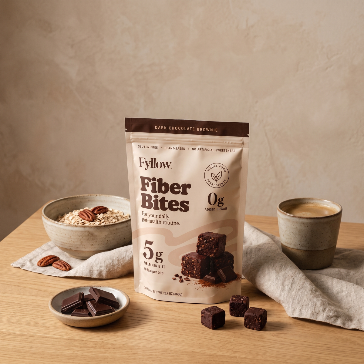 Fyllow Fiber Bites: Dark Chocolate Brownie pouch with oats and coffee.
