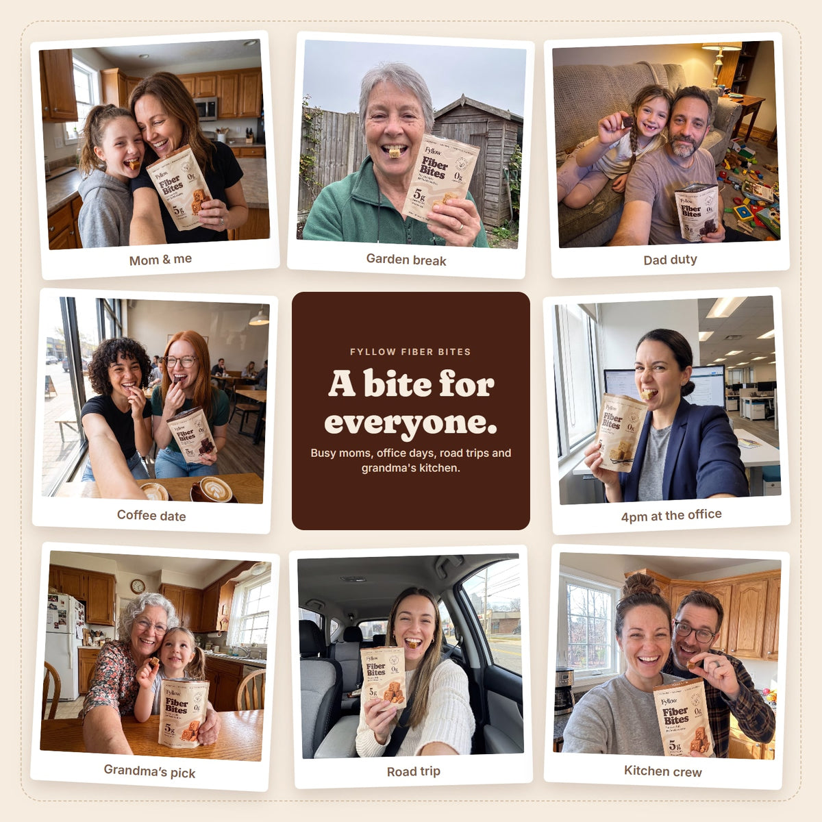 A bite for everyone: people of all ages enjoying Fyllow Fiber Bites