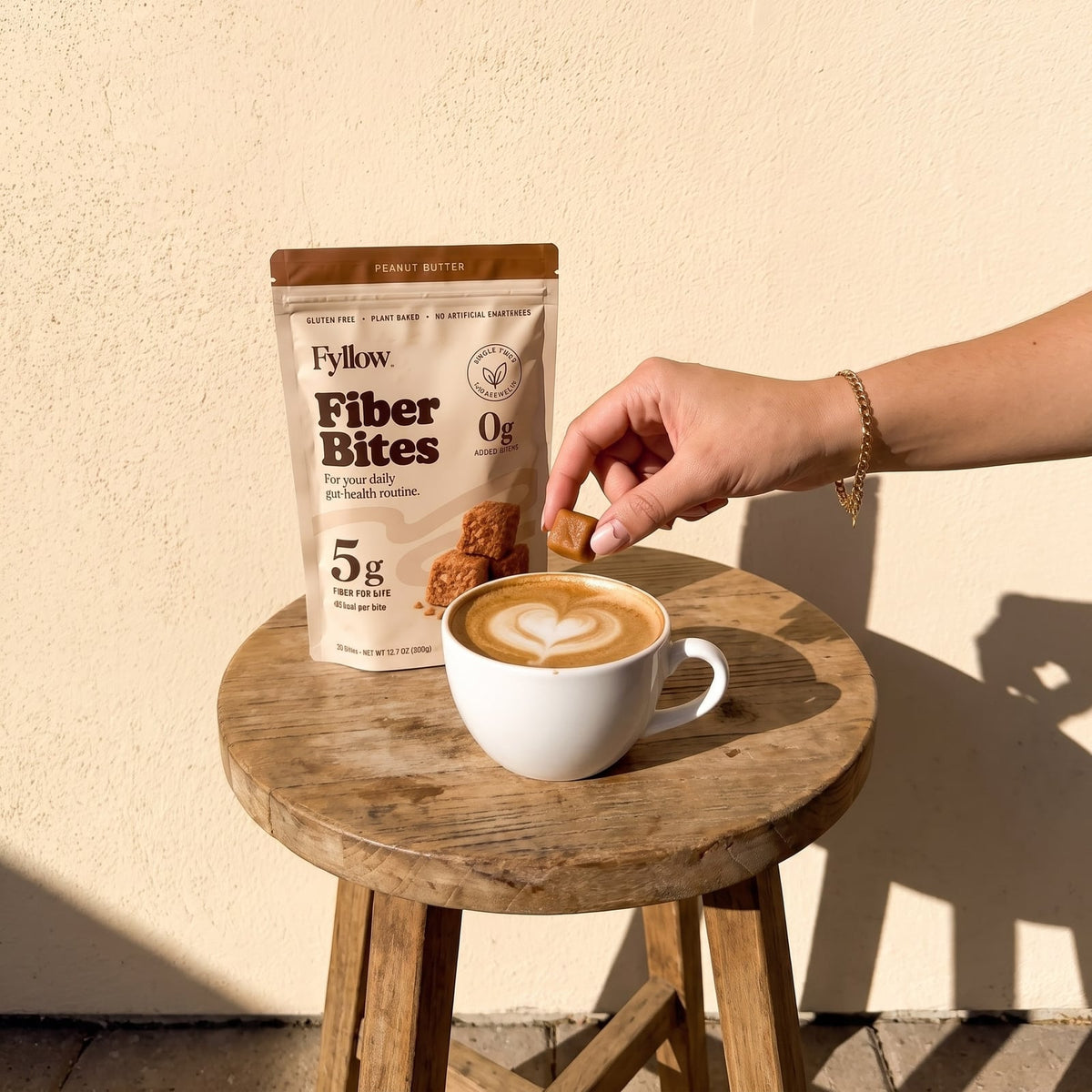 Peanut Butter Fiber Bites with a cappuccino