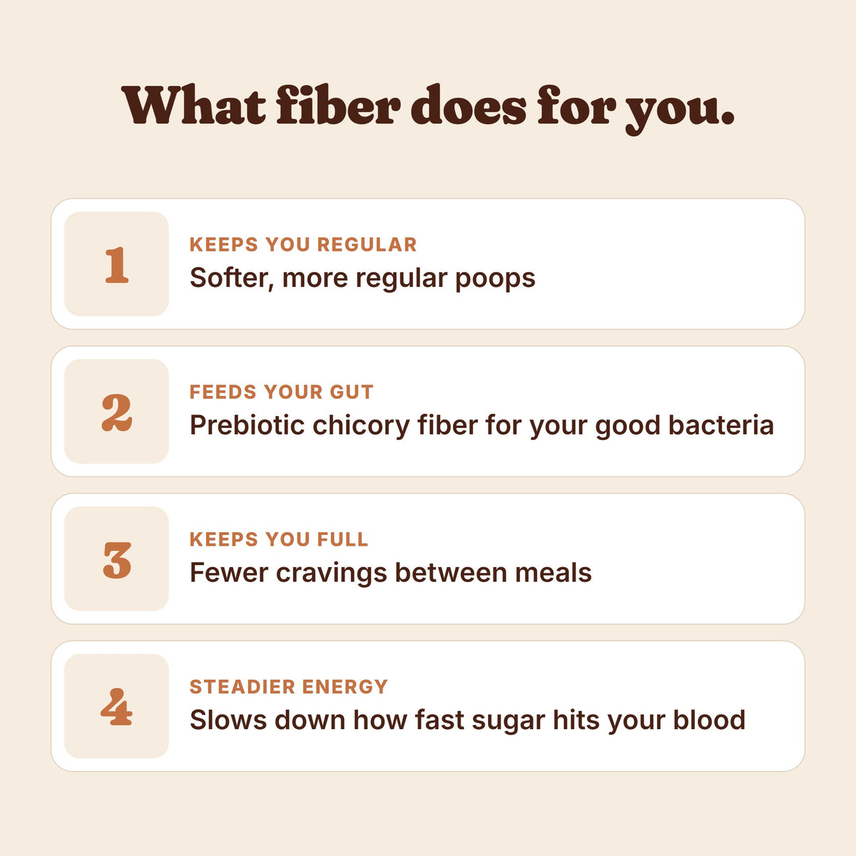 What fiber does: regular poops, feeds your gut, keeps you full, steadier energy