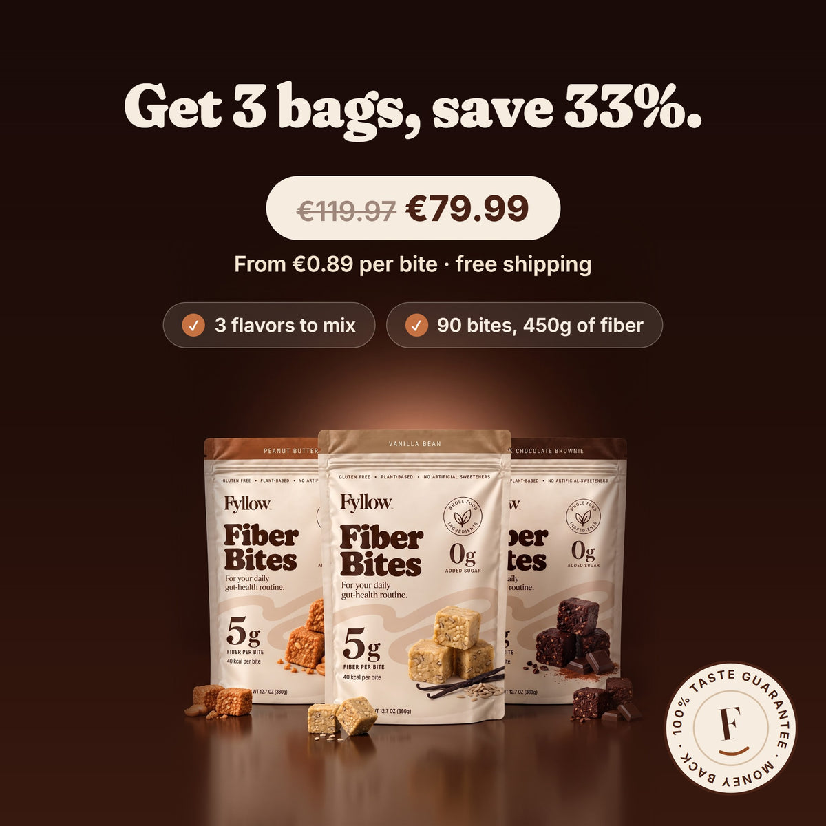 Get 3 bags and save 33%, from 0.89 euro per bite